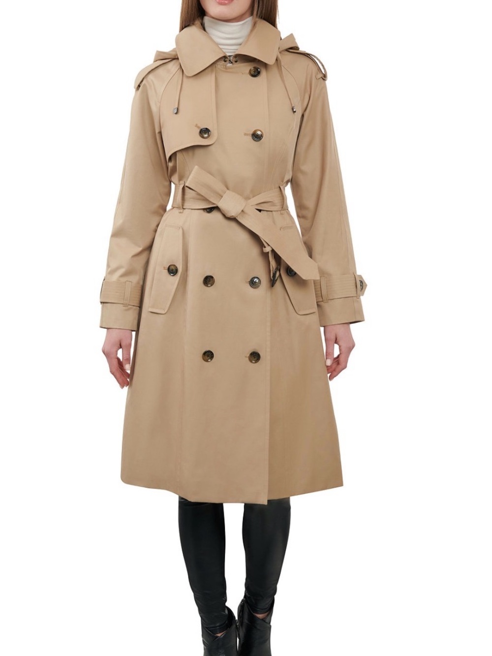 London Fog Double-Breasted Classic Women’s Hooded Trench Coat Tan Stone, M